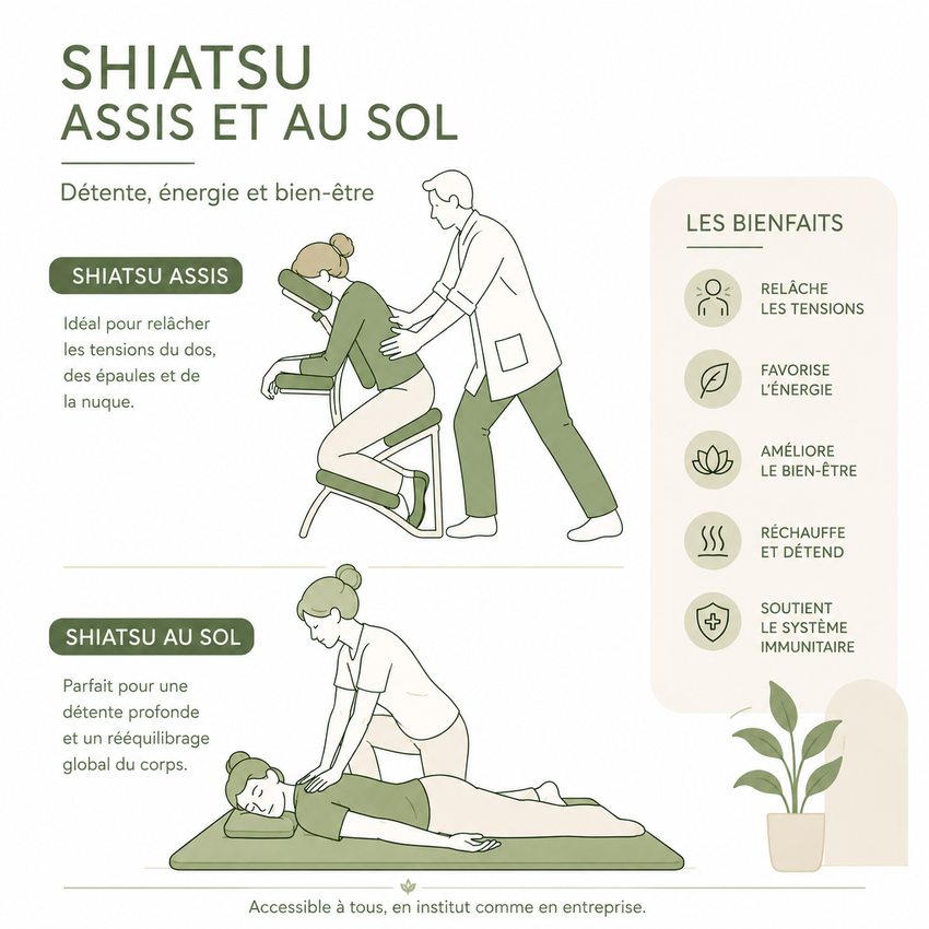 Illustration du Shiatsu assis et au sol : relâche les tensions, favorise l'énergie, améliore le bien-être, réchauffe et détend, soutient le système immunitaire