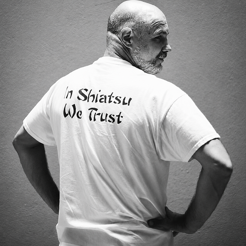 Thierry Buenerd, de dos, en tenue de pratique portant l'inscription « In Shiatsu We Trust »