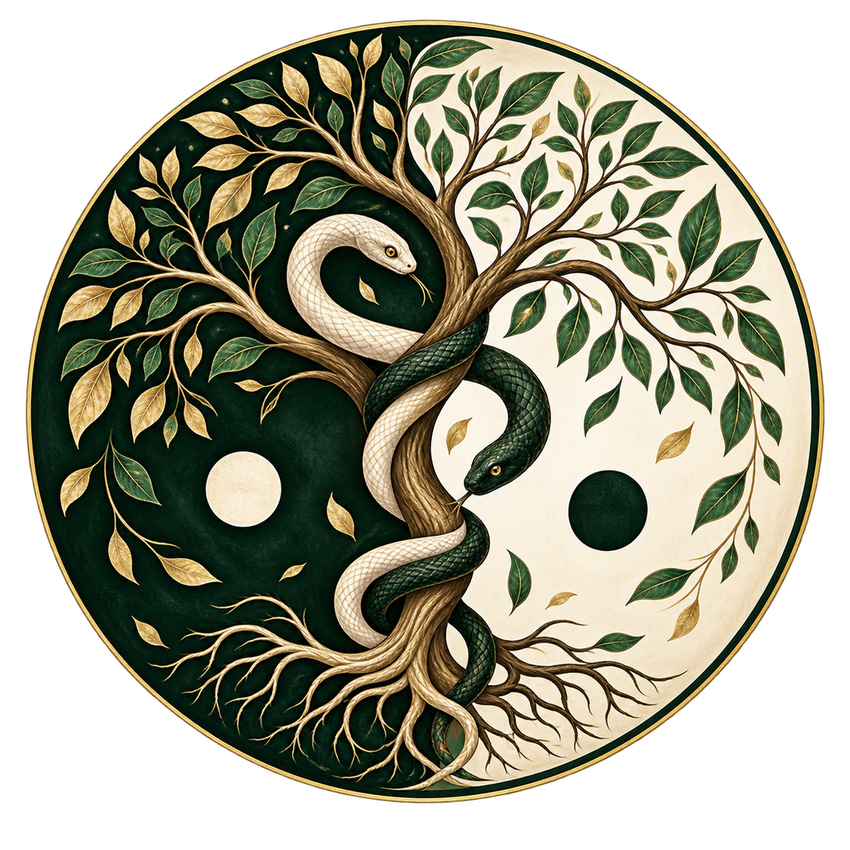 Arbre et serpents entrelacés dans un cercle Yin/Yang, symbole de transformation et d'enracinement