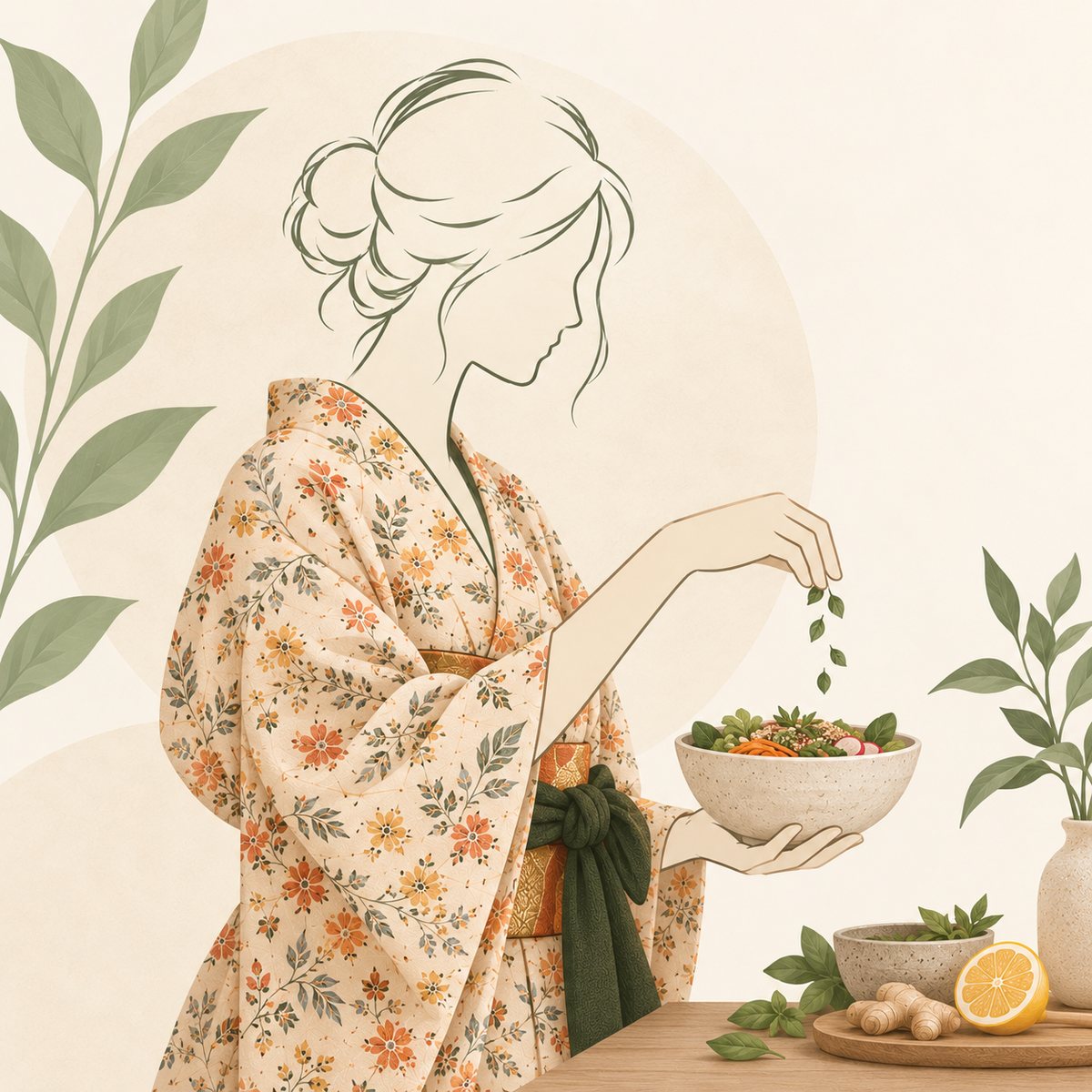 Illustration d'une nutrithérapeute préparant un bol de légumes de saison