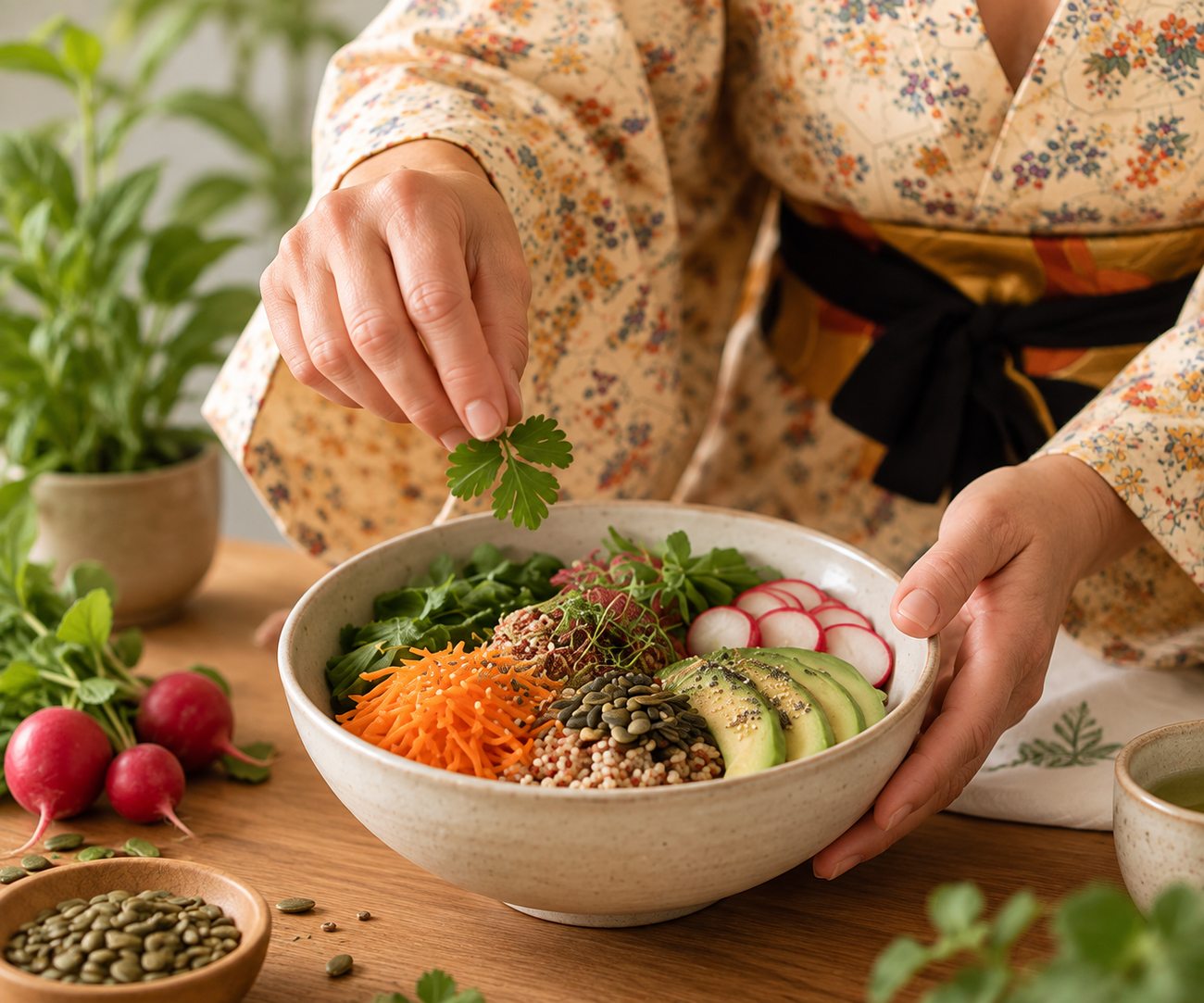 Un bol garni de légumes de saison, de graines et d'avocat, préparé en tenue de pratique