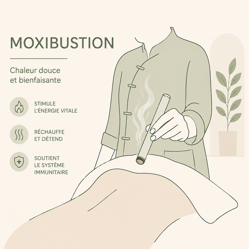 Illustration de la Moxibustion : stimule l'énergie vitale, réchauffe et détend, soutient le système immunitaire