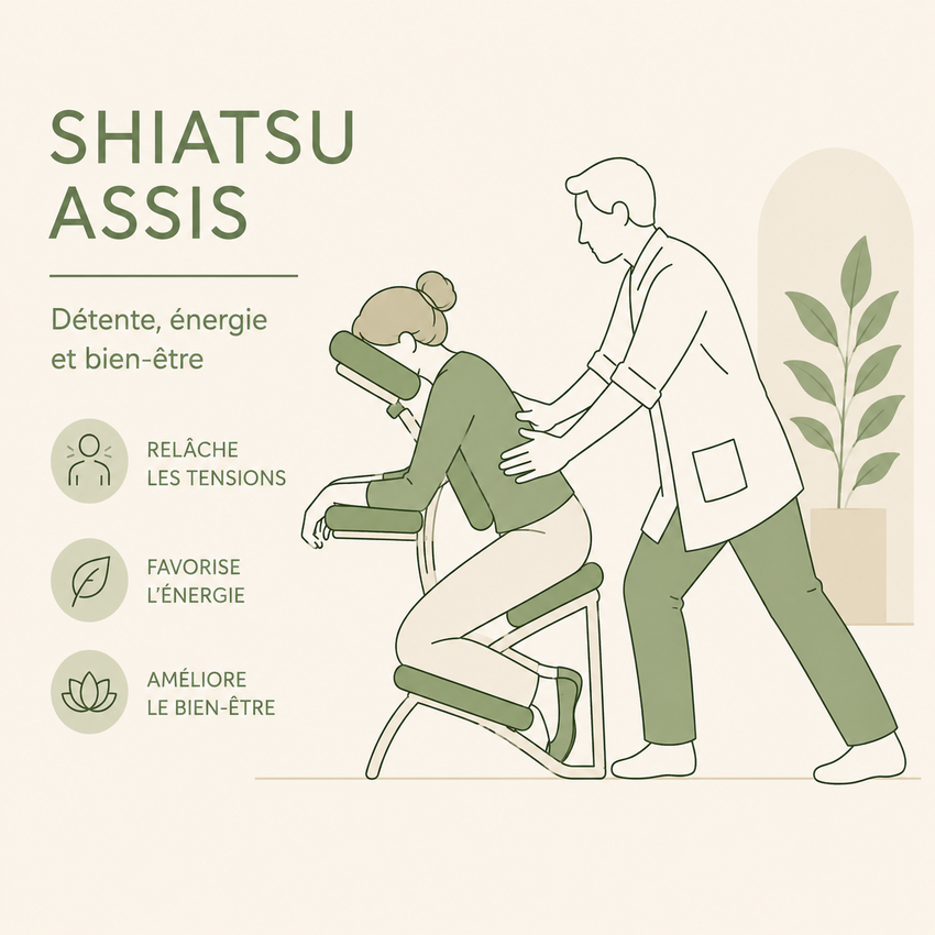 Illustration du Shiatsu assis sur chaise ergonomique et de ses bienfaits
